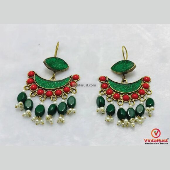 Green and Red Afghan Earrings: Kuchi Boho Dangle Earrings - Picture 3 of 5
